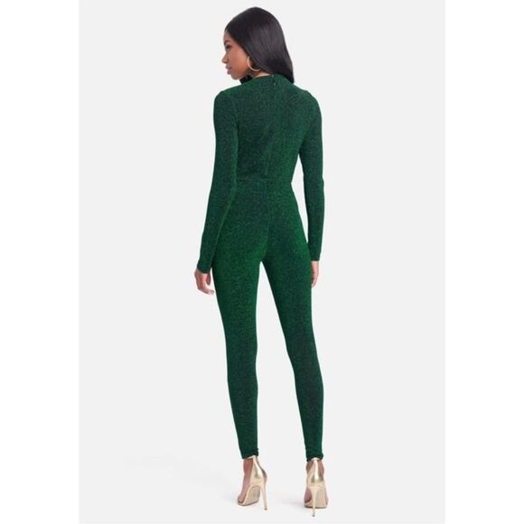 bebe Emerald Green Metallic Knit Long Sleeve V-Neck Jumpsuit | Size L - Picture 2 of 7